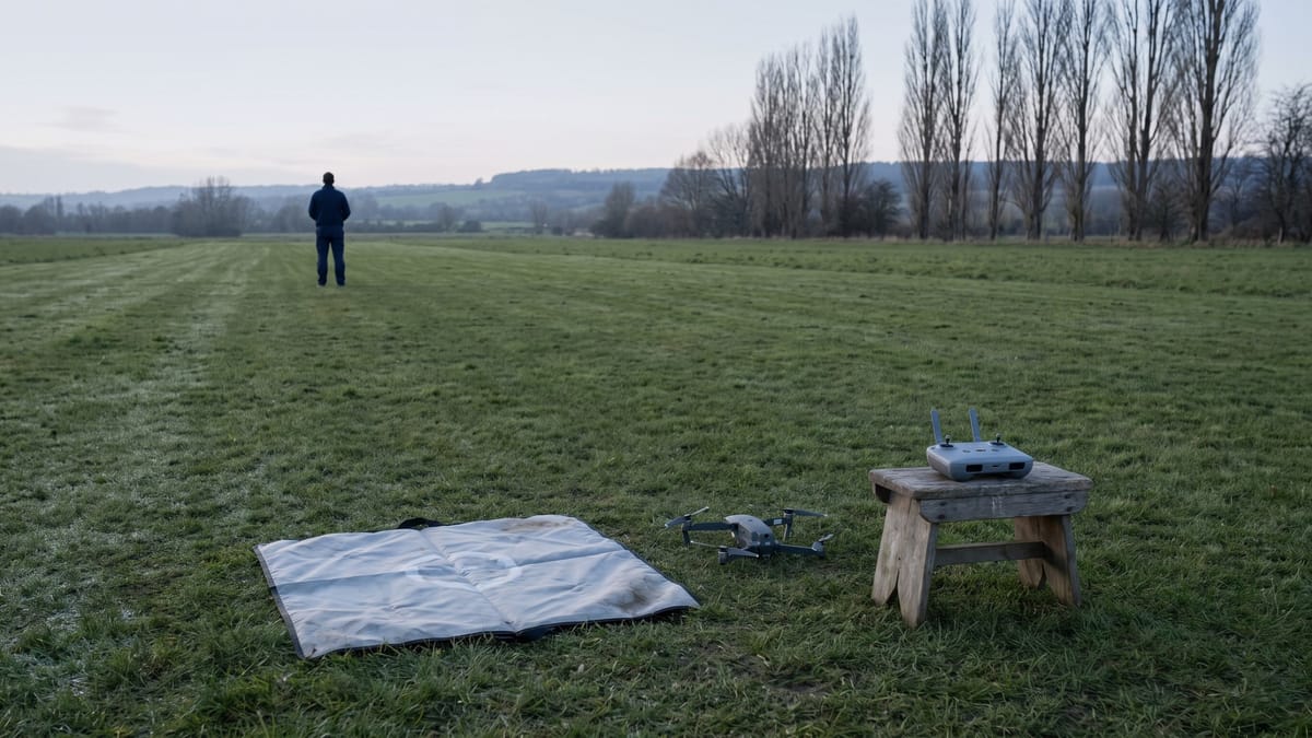 Campo di volo in un prato: drone su un tappetino di decollo, radiocomando su uno sgabello e una figura lontana di spalle