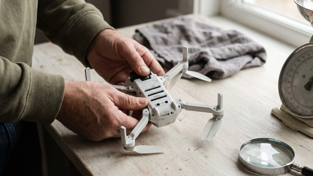Mani che girano un piccolo drone per osservarne la parte inferiore, accanto una lente e una bilancia da cucina