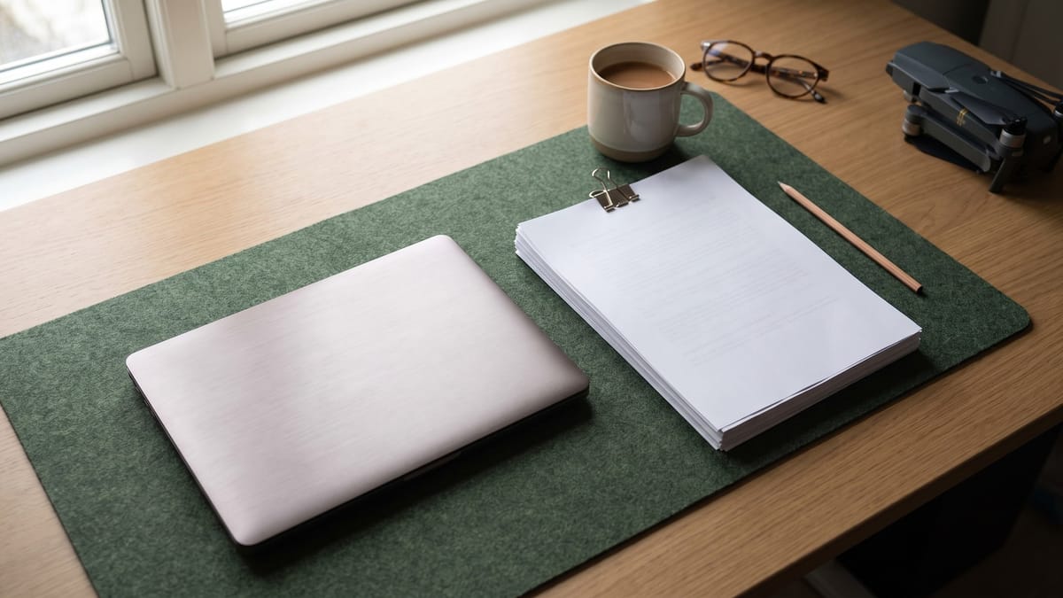 Scrivania di studio con laptop chiuso, fogli stampati, matita, tazza, occhiali e un drone chiuso sul bordo