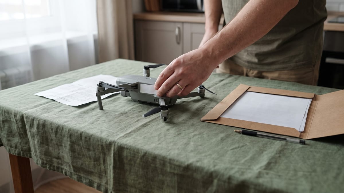 Una mano applica un'etichetta adesiva bianca sul corpo di un piccolo drone, accanto una cartellina e una penna