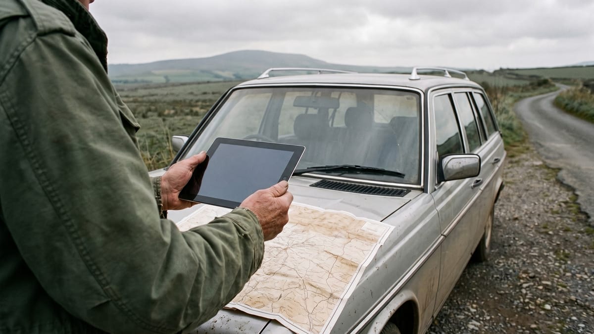 Mani con un tablet dallo schermo spento sopra una mappa di carta aperta sul cofano di un'auto, campagna sullo sfondo
