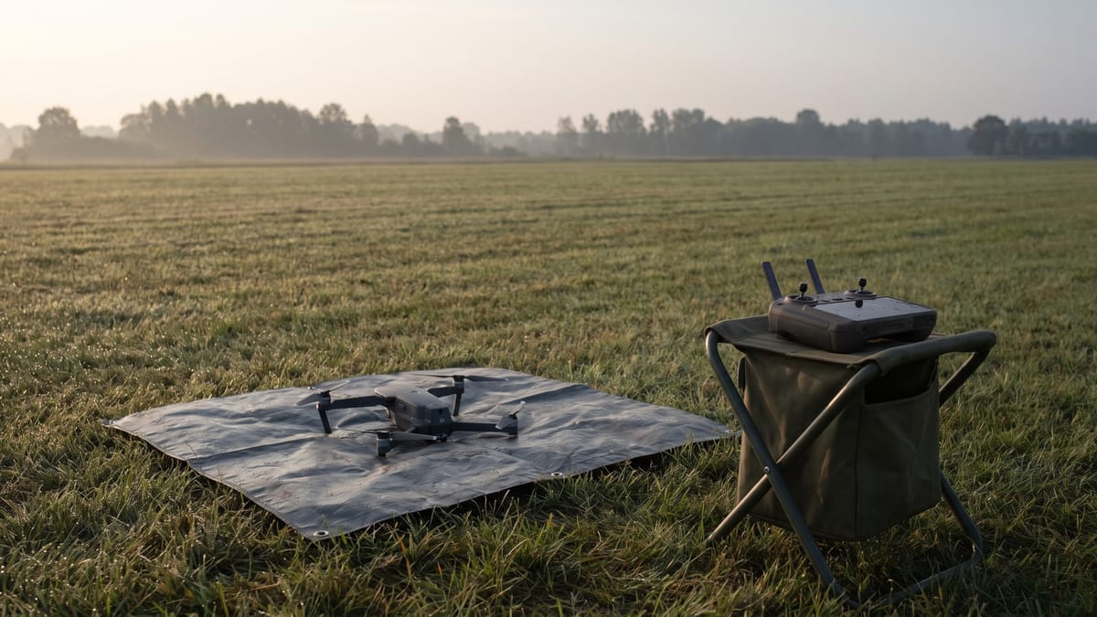 Prato all'alba con un piccolo drone su un tappetino di decollo e il radiocomando appoggiato su uno sgabello pieghevole